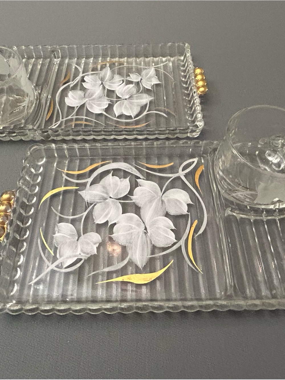 Vintage Mid Century Glass Divided Snack Tray w/ White Floral & Gold Accents -SET
